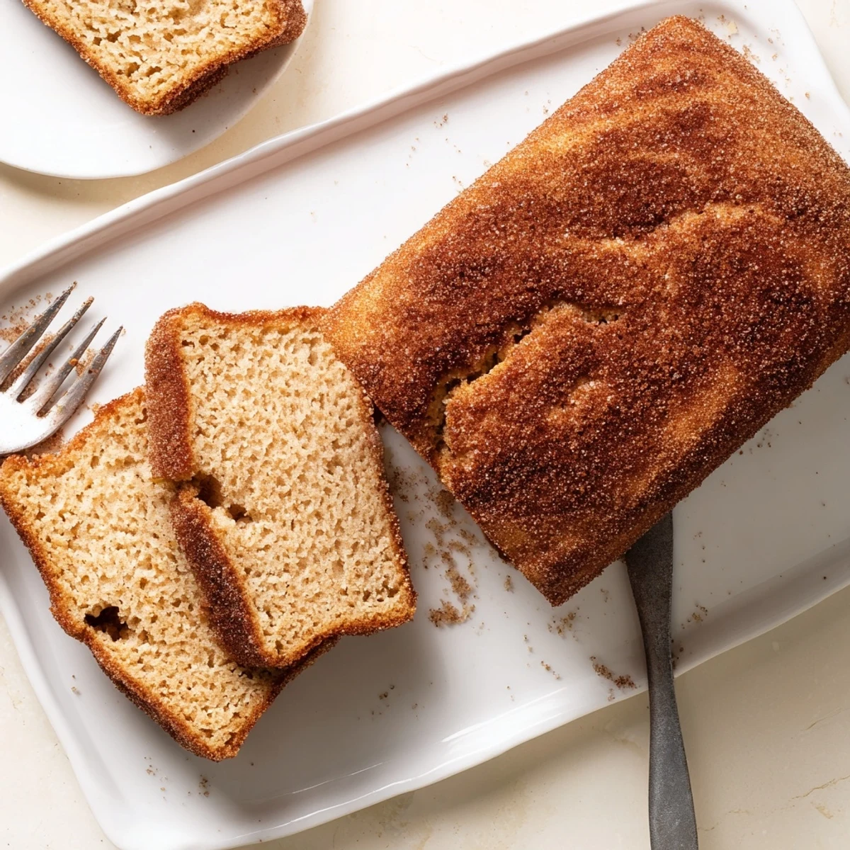 Warm cinnamon sugar donut bread fresh from oven with glistening buttered sugar crust