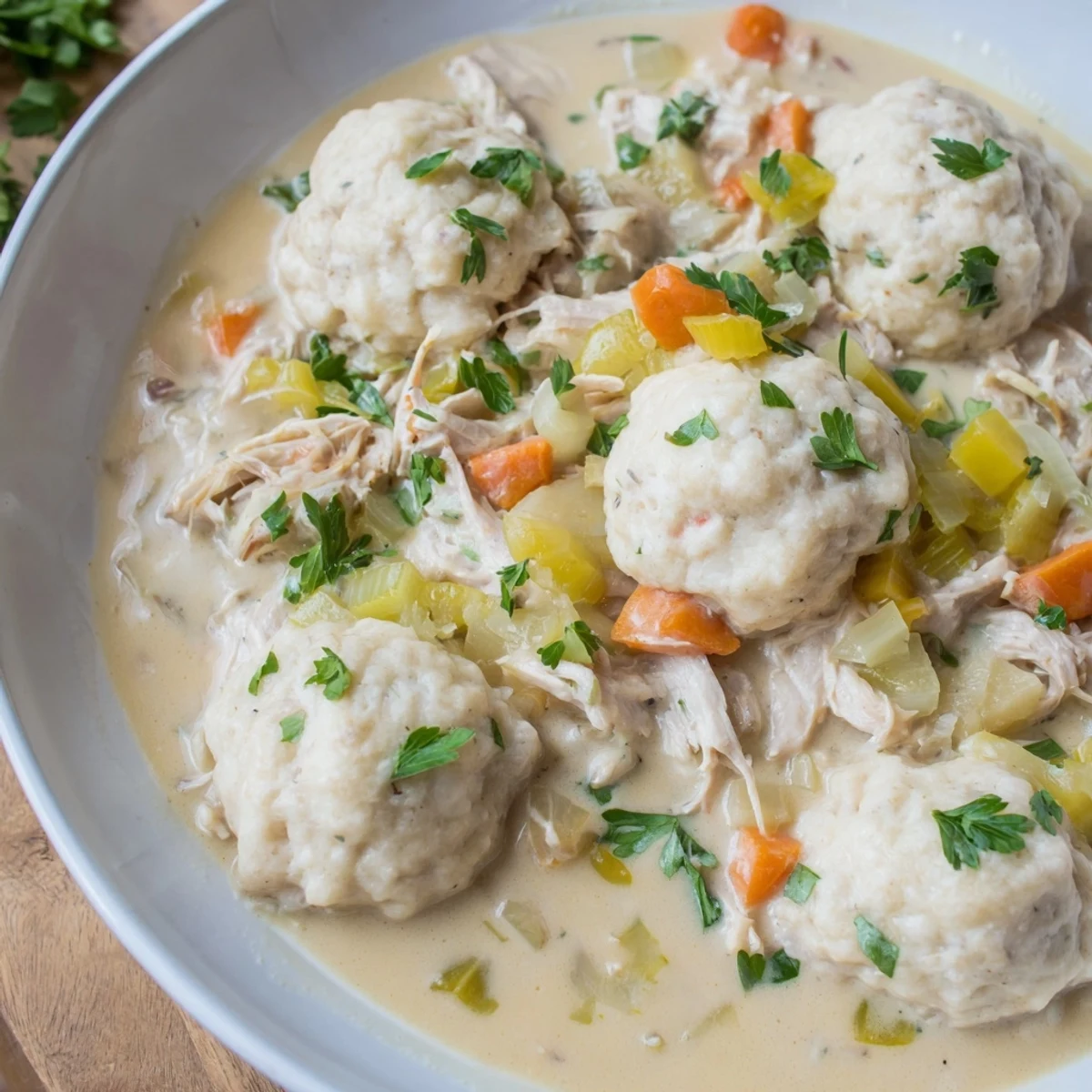 Golden chicken and dumplings with fluffy biscuits in a rich creamy broth