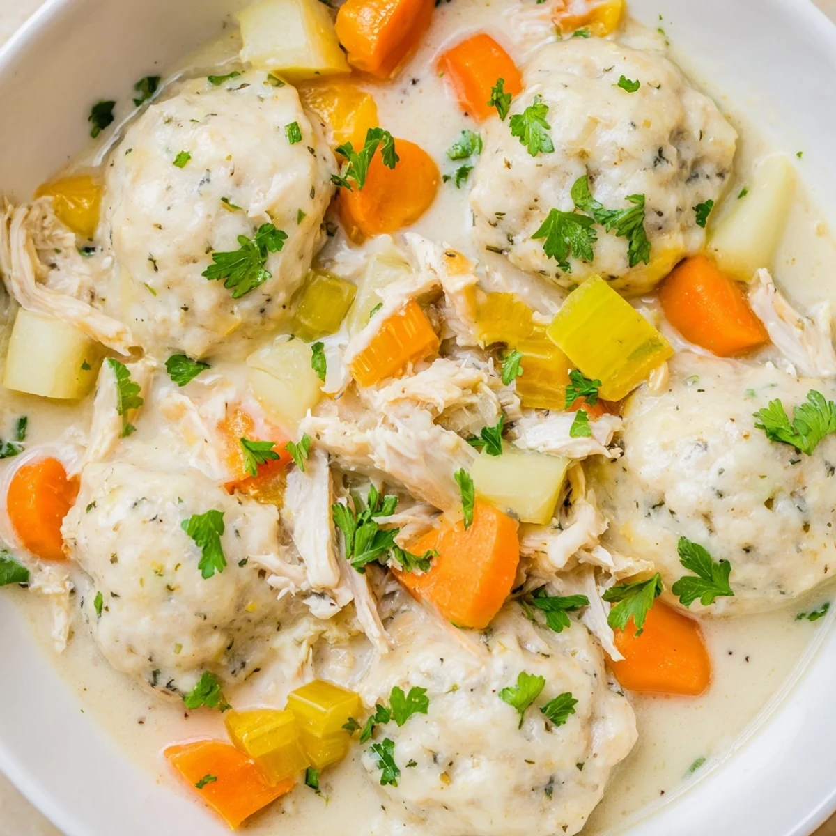 Comforting chicken and dumplings recipe featuring tender shredded meat and steaming biscuit dumplings
