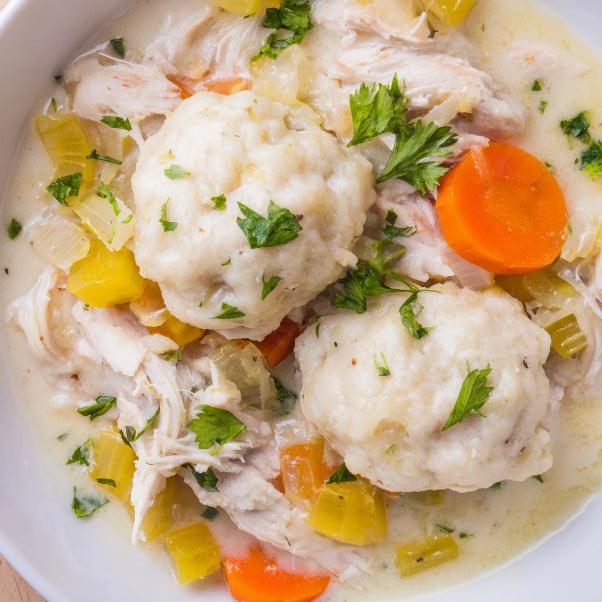 Hearty bowl of chicken and dumplings with fluffy biscuits floating in savory cream soup