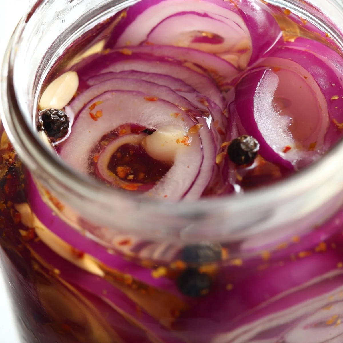 Glass jar filled with vibrant hot honey pickled red onions submerged in golden brine