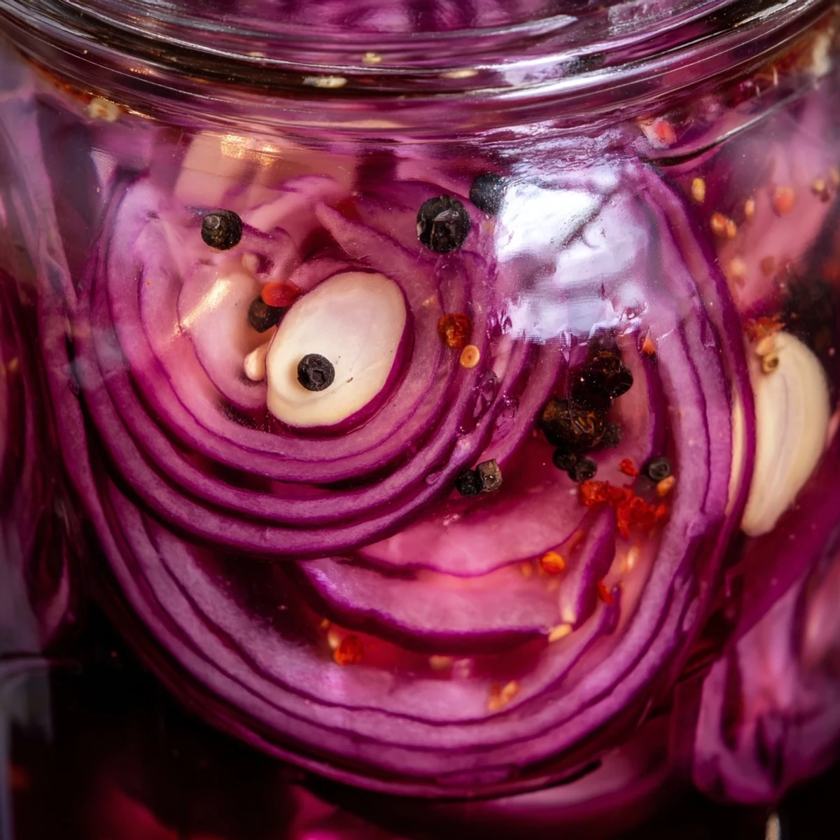 Mason jar showcasing thinly sliced red onions pickled with sweet spicy hot honey mixture