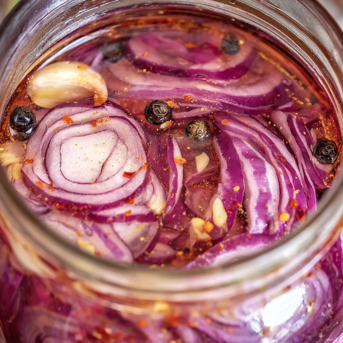 Close-up of tangy hot honey pickled red onions ready to top tacos and burgers