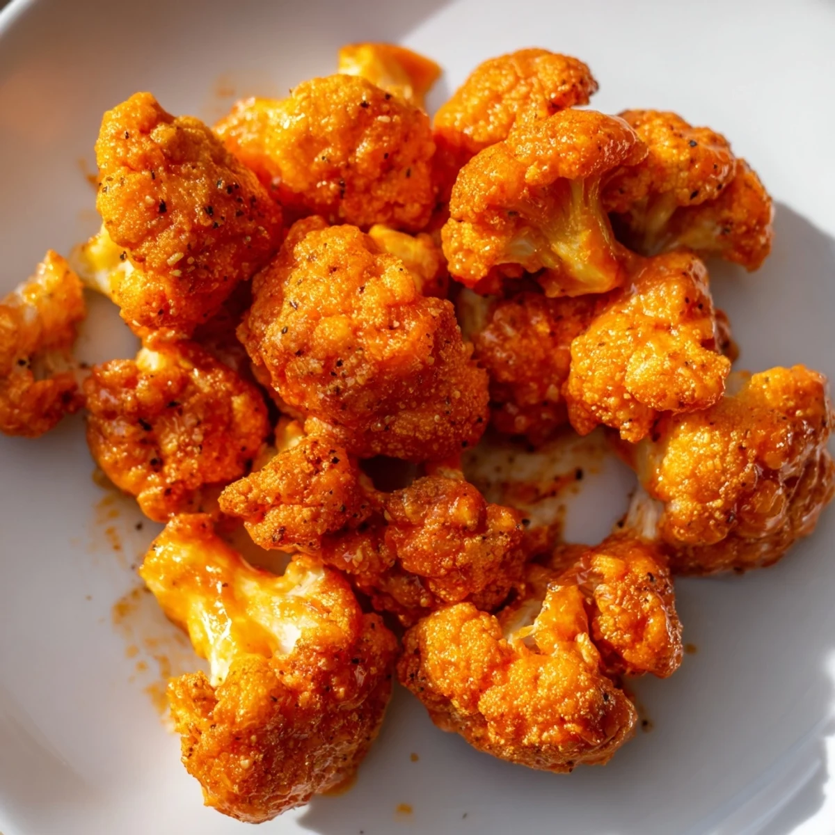 Golden buffalo cauliflower bites arranged on a white serving plate with crisp celery and carrot sticks on the side