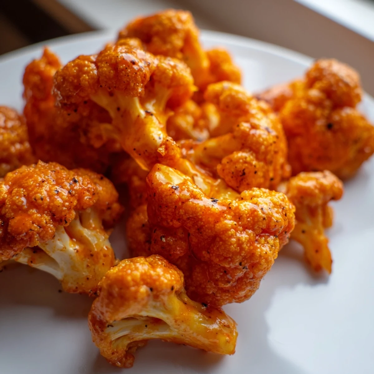 Crispy baked buffalo cauliflower bites glazed in spicy red sauce and garnished with fresh green parsley