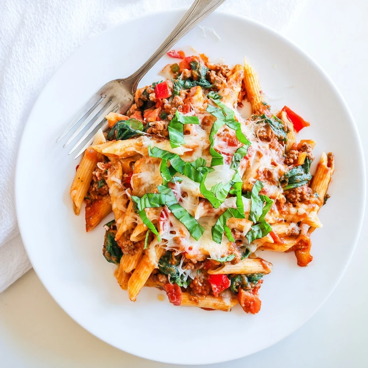Golden homemade ground turkey pasta bake with melted mozzarella and fresh basil garnish