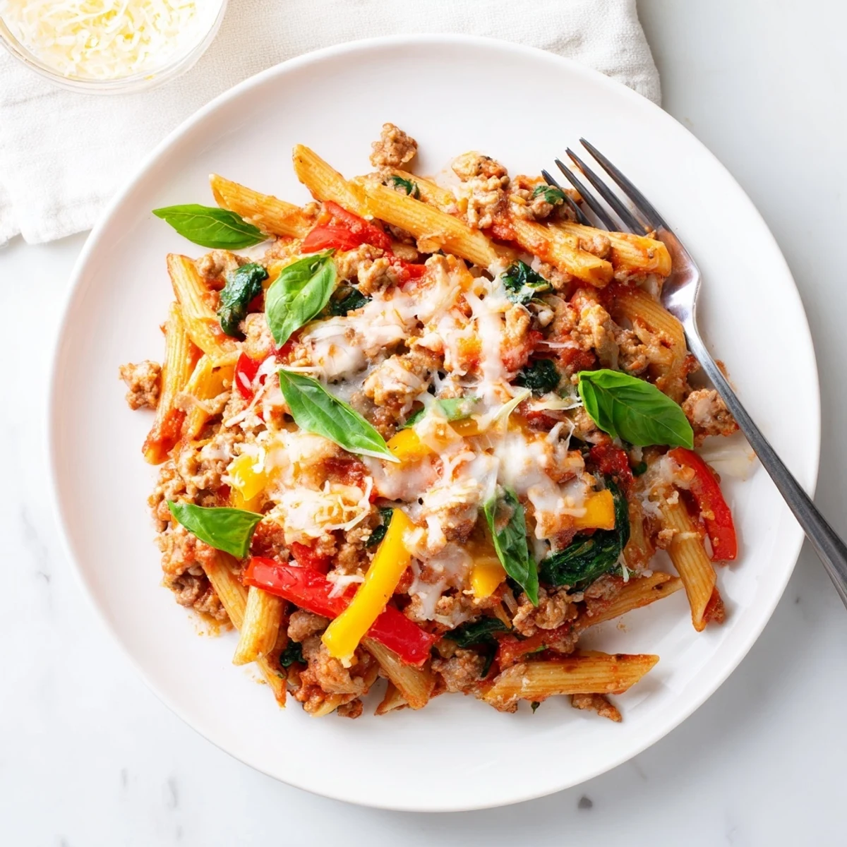 Bubbling homemade ground turkey pasta bake casserole with penne in savory tomato sauce