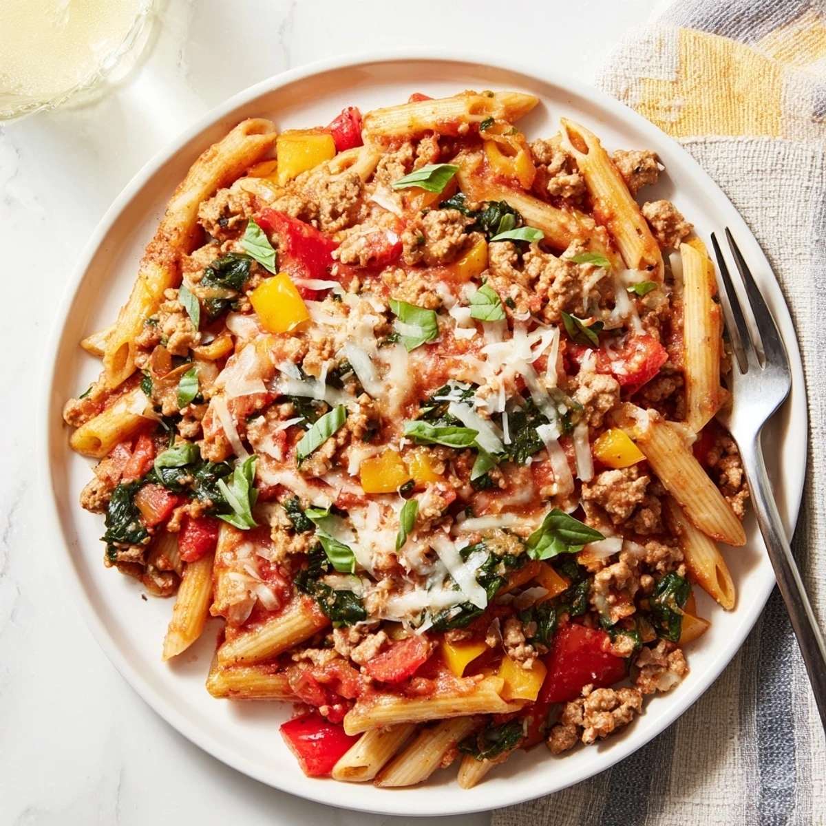 Family-style homemade ground turkey pasta bake dish with grated parmesan on top
