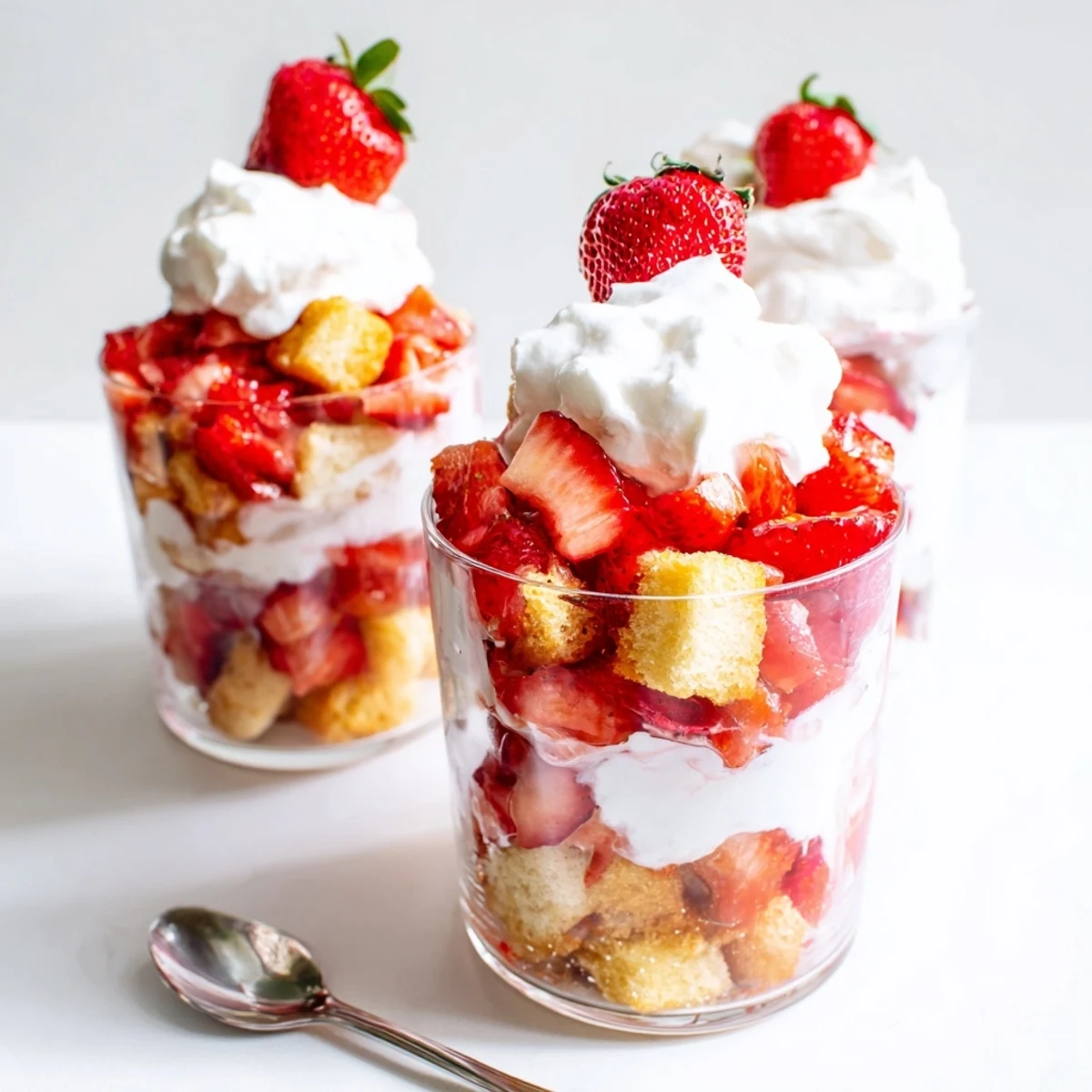 Individual Valentines strawberry shortcake cups served in clear glass with red strawberry garnish