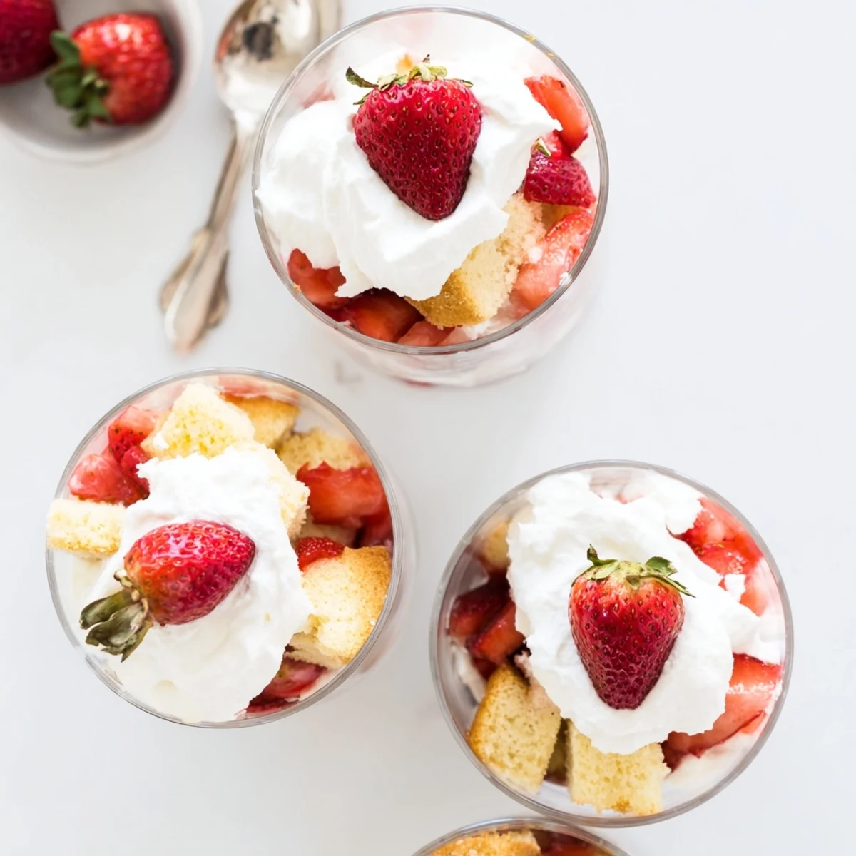 Golden shortcake cups layered with fresh macerated strawberries and whipped cream topping