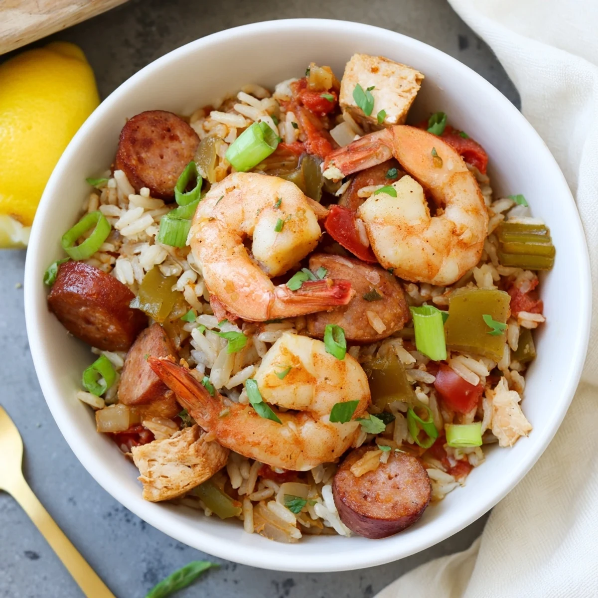 Hearty one pot Cajun jambalaya featuring andouille sausage, shrimp, and chicken in spiced rice