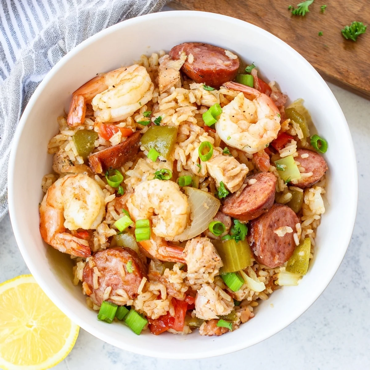 Colorful Southern-style one pot Cajun jambalaya garnished with fresh scallions and parsley