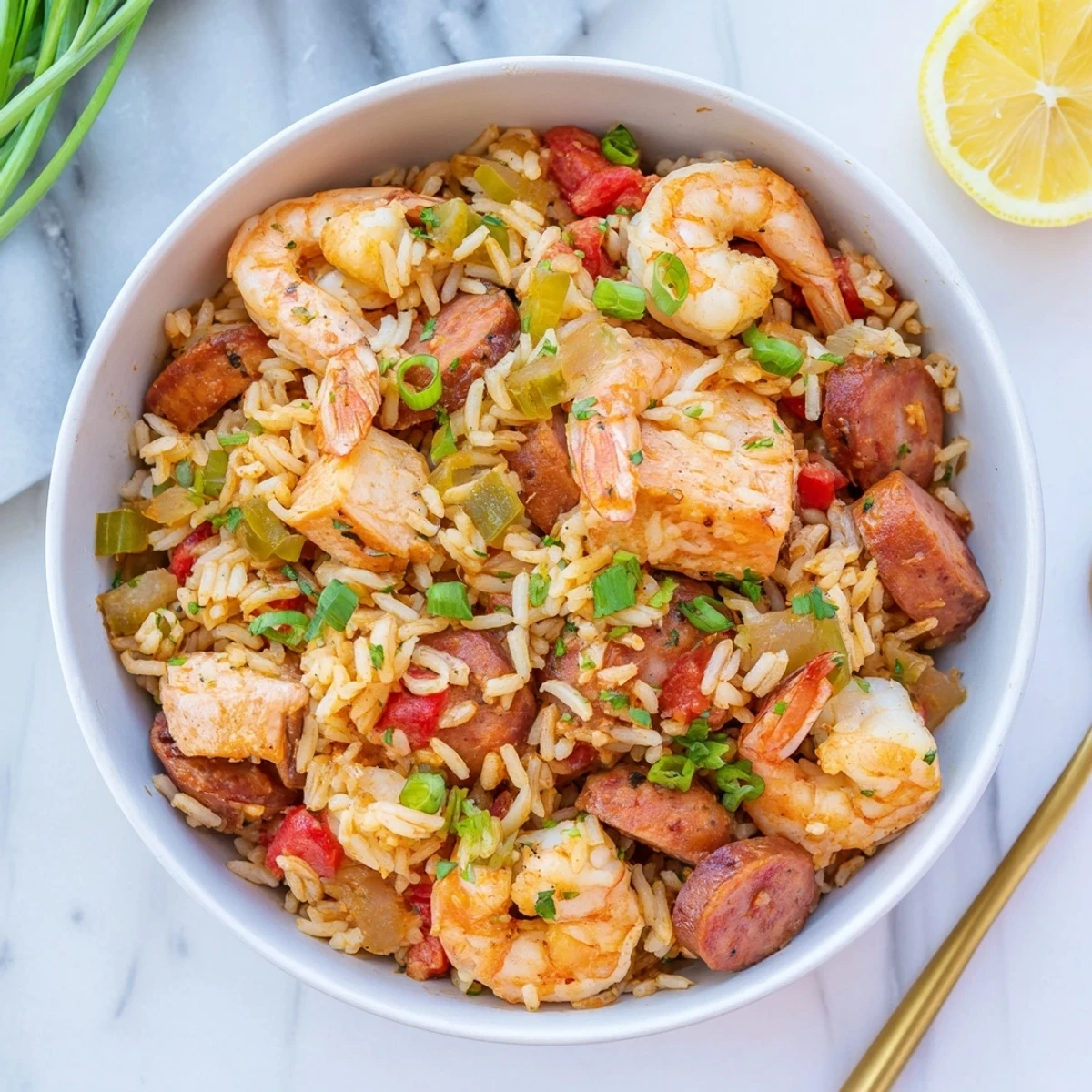 Spicy one pot Cajun jambalaya with tender shrimp, sausage, and vegetables served hot