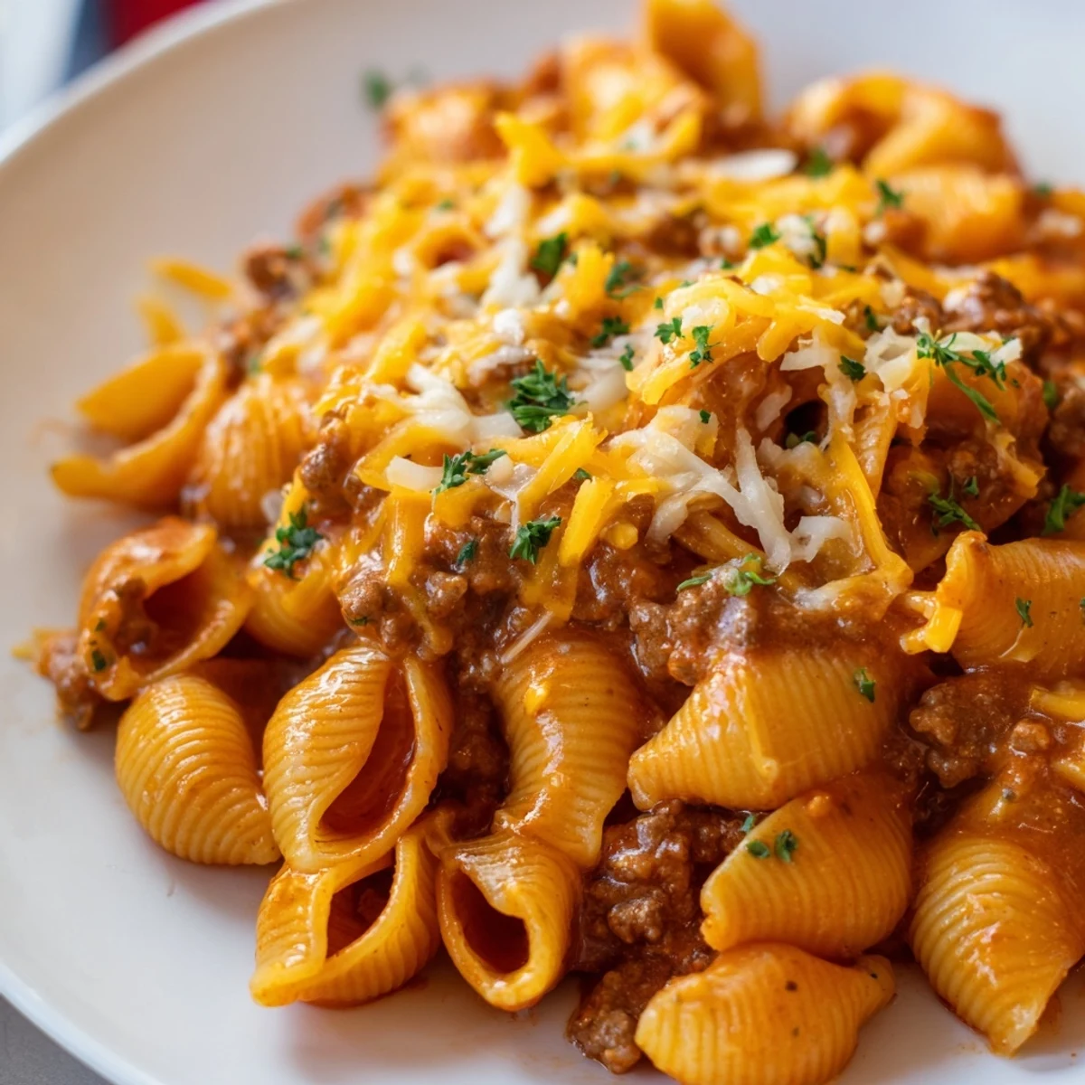 Golden pasta shells coated in rich creamy beef tomato sauce with melted cheddar and Parmesan cheese in a white ceramic bowl