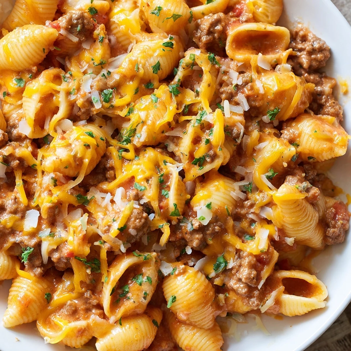Glossy one pot beef shells pasta featuring tender ground beef in a velvety red cream sauce garnished with fresh green parsley