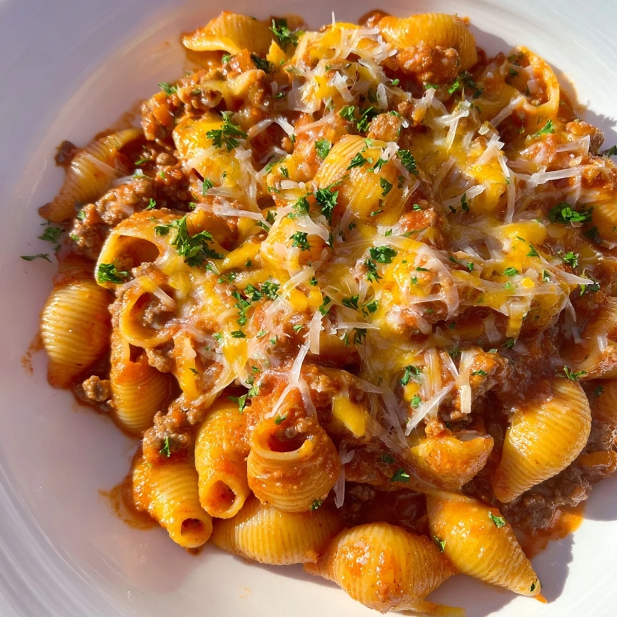 Steaming plate of creamy beef shells pasta showcasing al dente pasta nestled in a savory tomato cream sauce with shredded cheese topping