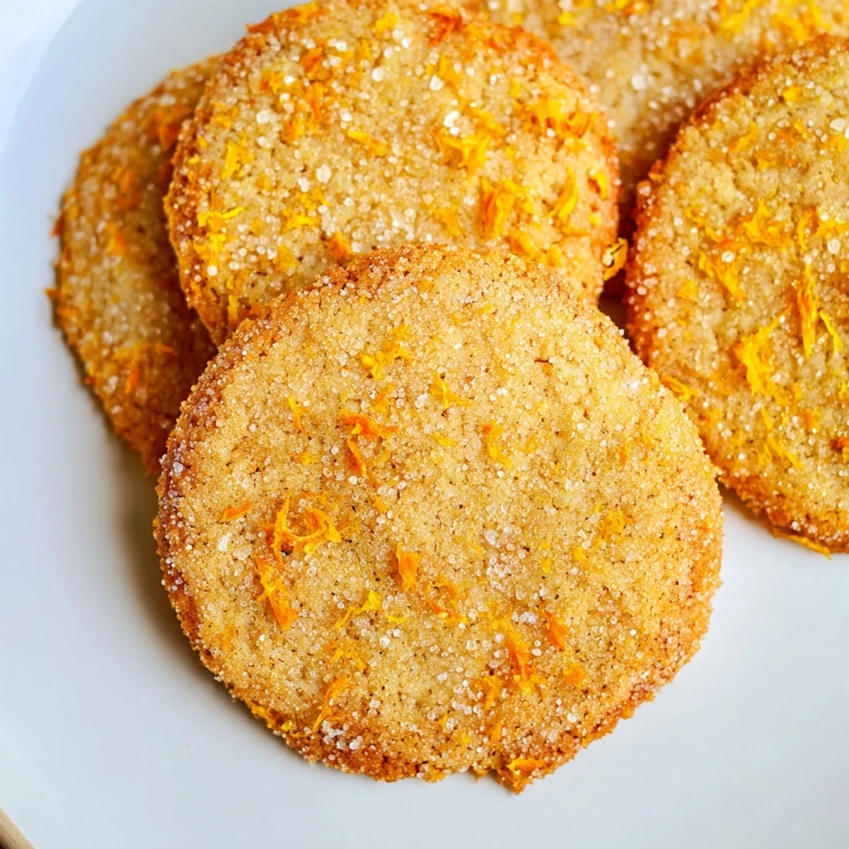 Golden brown Orange Clove Cookies topped with sparkling sugar and fresh orange zest on a white plate