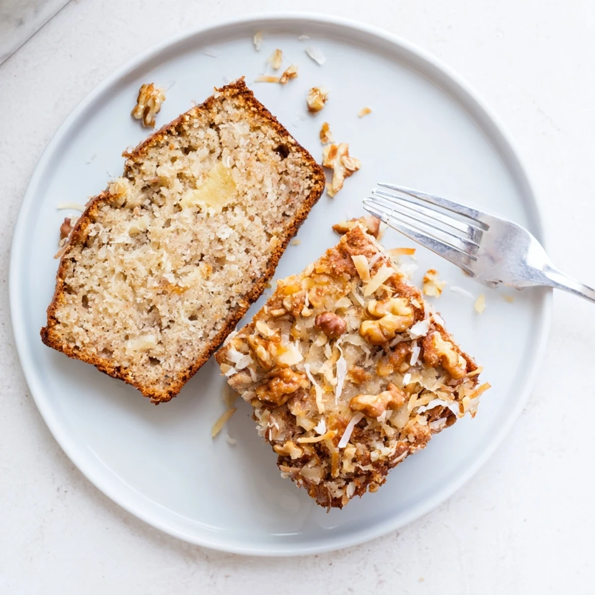Moist tropical banana bread slice revealing crushed pineapple and coconut flakes, served on a white plate