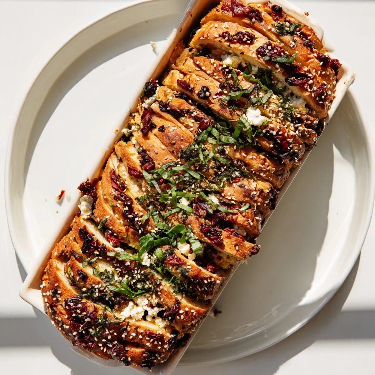Golden Mediterranean pull apart bread with sun-dried tomatoes, olives, and feta cheese baked to perfection