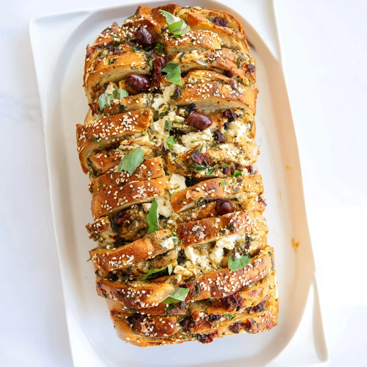 Warm vegetarian appetizer featuring fluffy Mediterranean pull apart bread stuffed with tangy feta and herbs