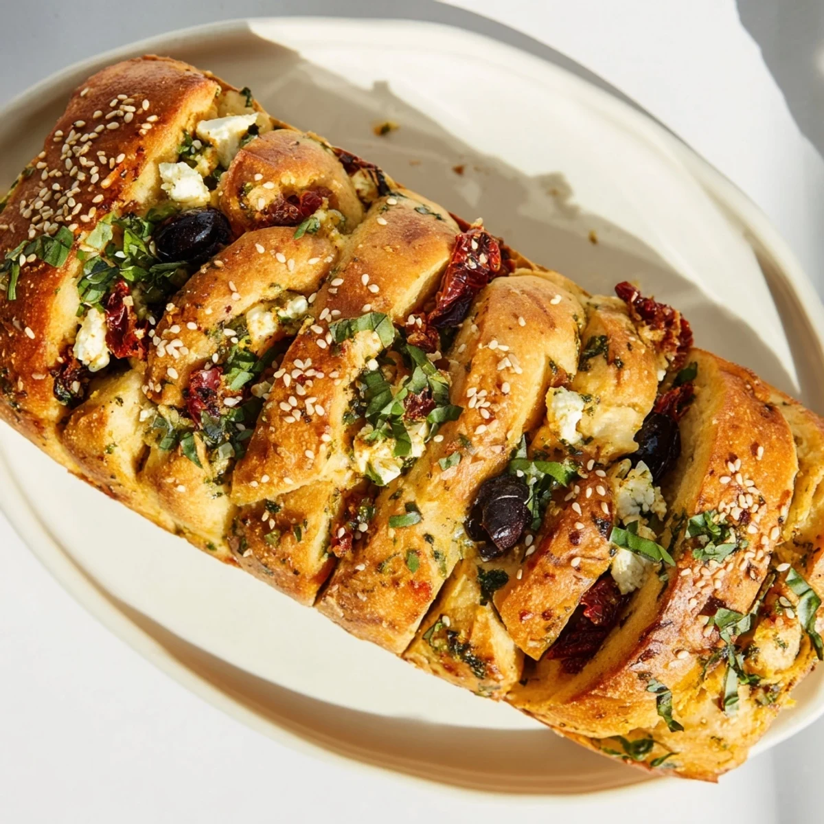 Soft sharing bread layered with Mediterranean flavors including Kalamata olives and fresh basil in a loaf pan