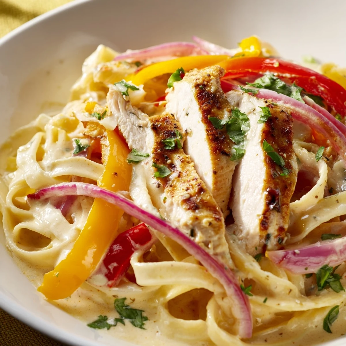 Creamy Southwest chicken Alfredo pasta topped with sliced spicy seasoned chicken breast and colorful bell peppers