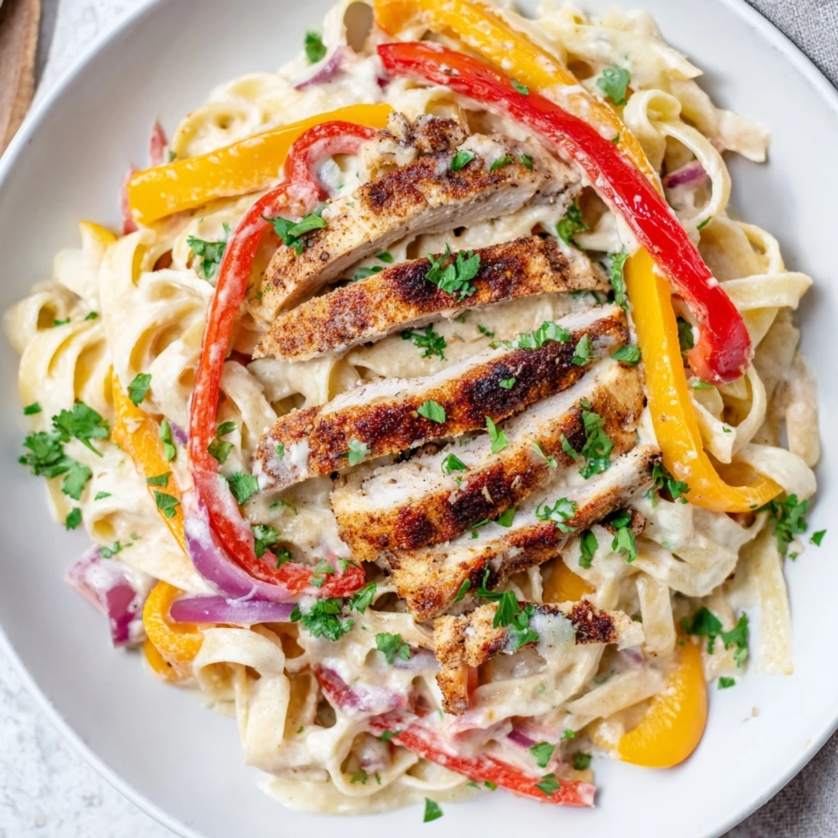 Plate of Southwest chicken Alfredo featuring tender fettuccine tossed in rich white sauce with sautéed vegetables