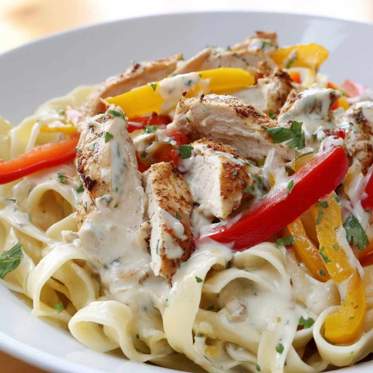 Steaming bowl of Southwest chicken Alfredo pasta garnished with fresh cilantro and lime wedges