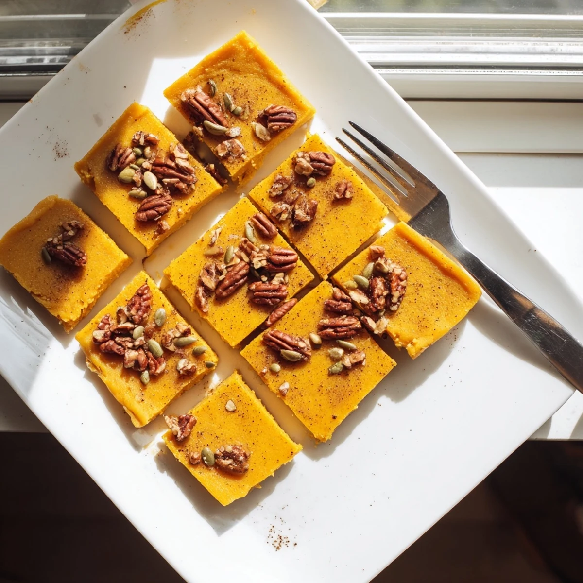 Golden high protein cottage cheese pumpkin bake topped with crunchy pecans and pumpkin seeds