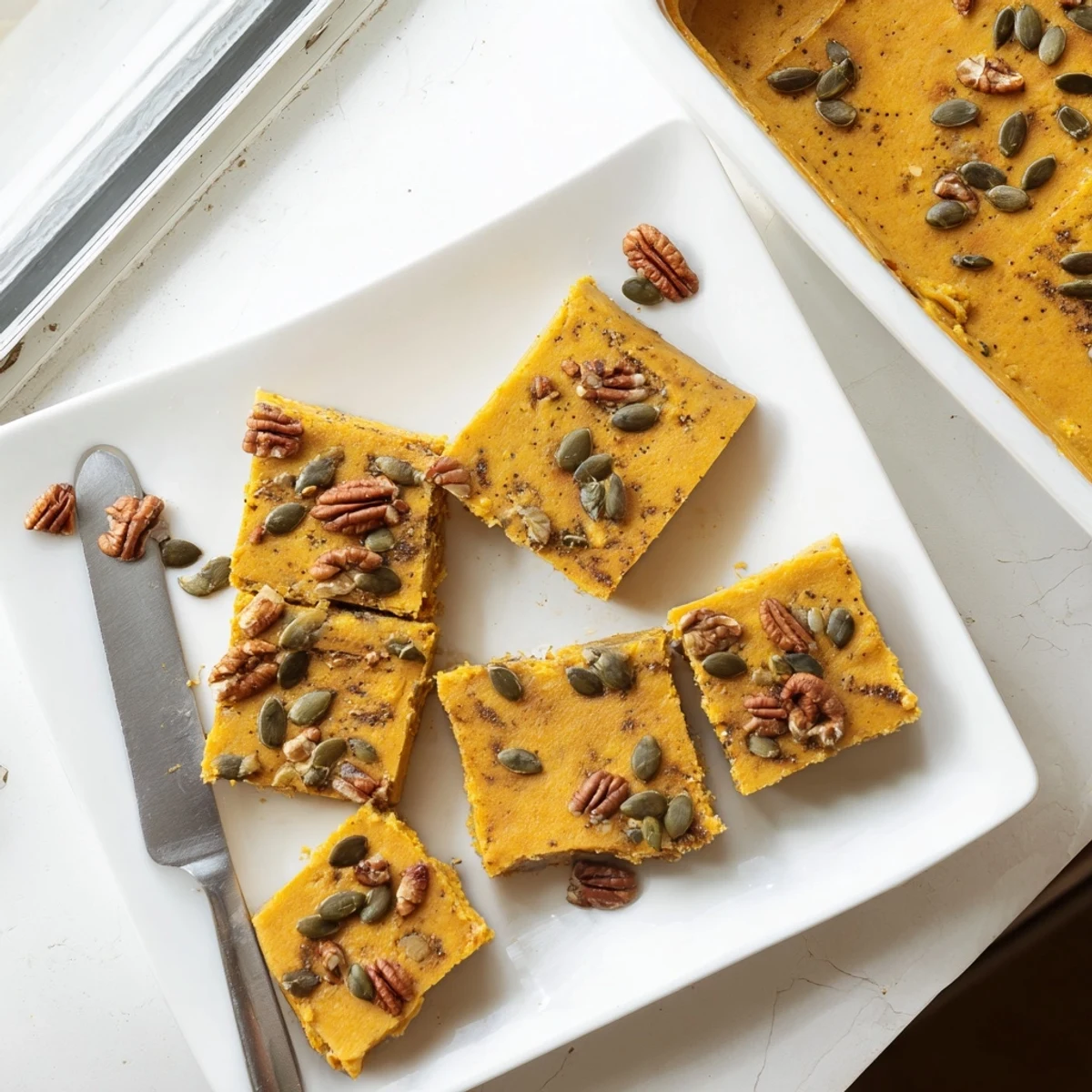 Sliced high protein pumpkin bake featuring cottage cheese texture with warm autumn spices