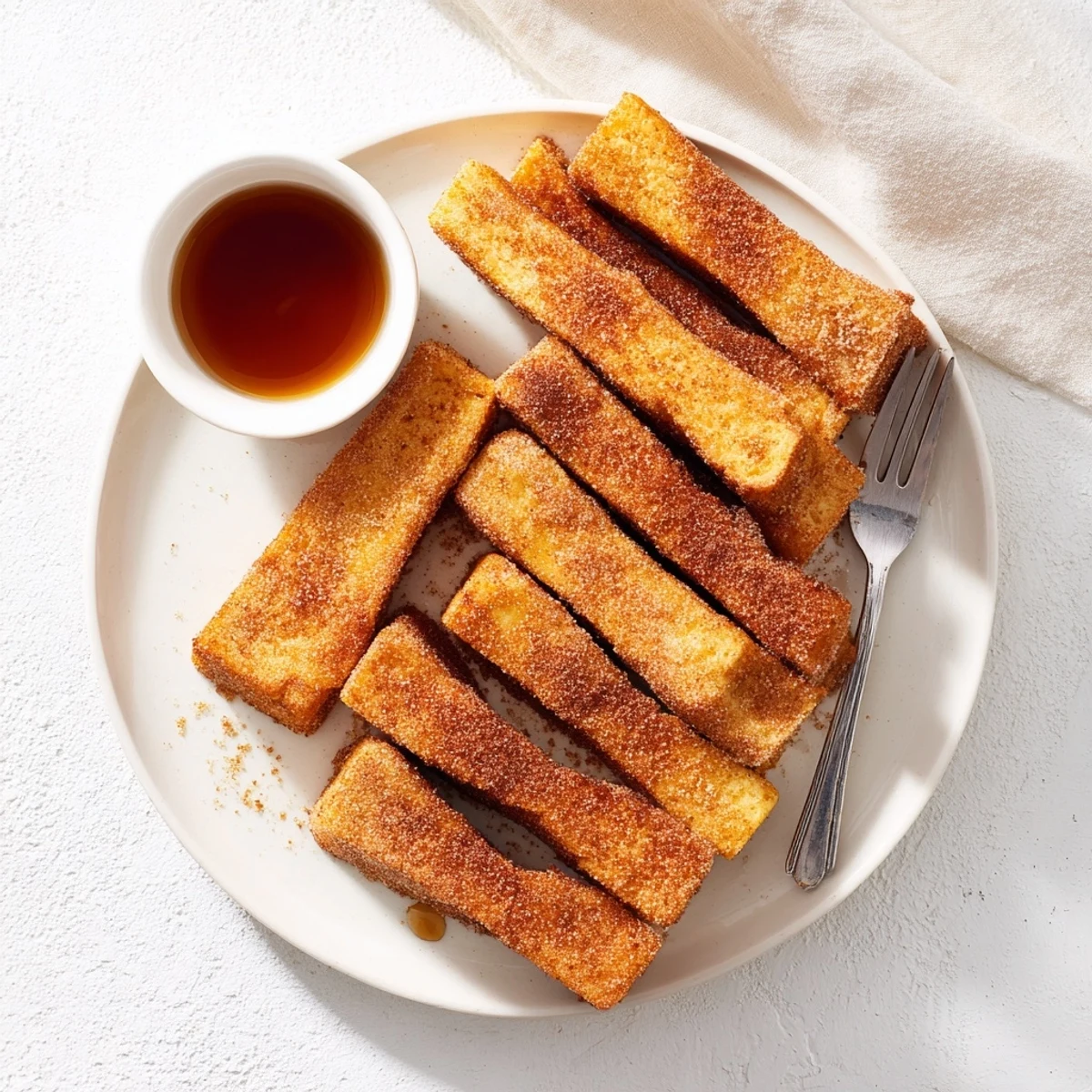 Golden cinnamon French toast sticks coated in crispy sugar, ready for maple syrup dipping