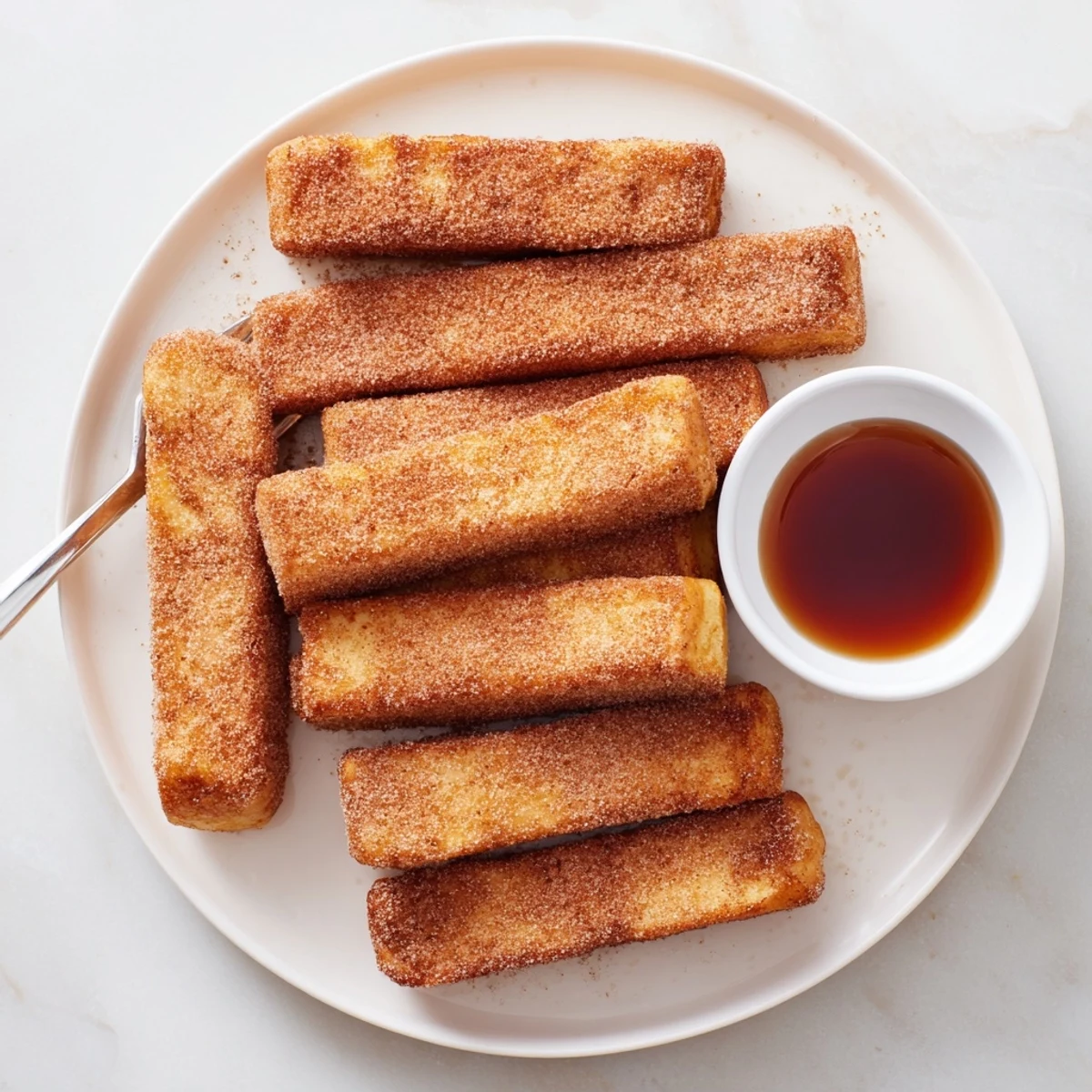 Fluffy cinnamon French toast sticks arranged on a plate with pooling warm maple syrup