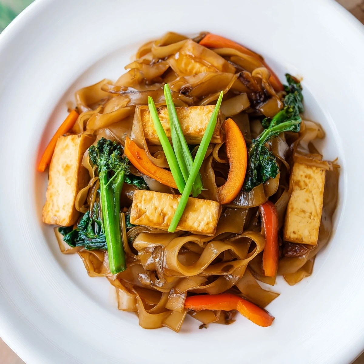 Vegan Pad See Ew stir-fried with wide rice noodles, crisp Chinese broccoli, and tofu in savory sauce