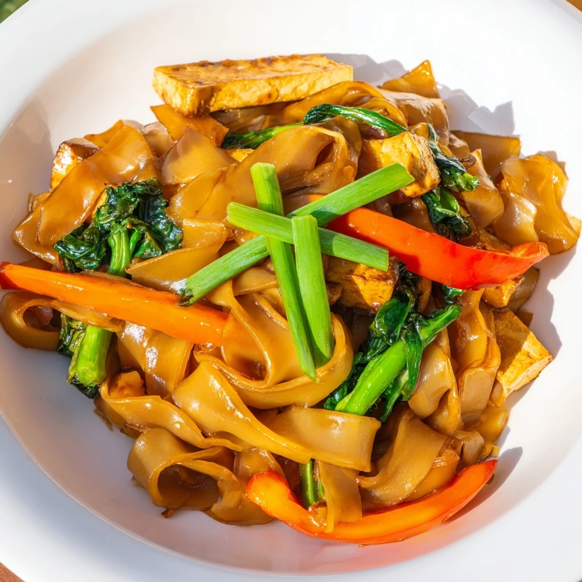 Steaming plate of Vegan Pad See Ew featuring charred noodles, tender broccoli, and garnished with green onions