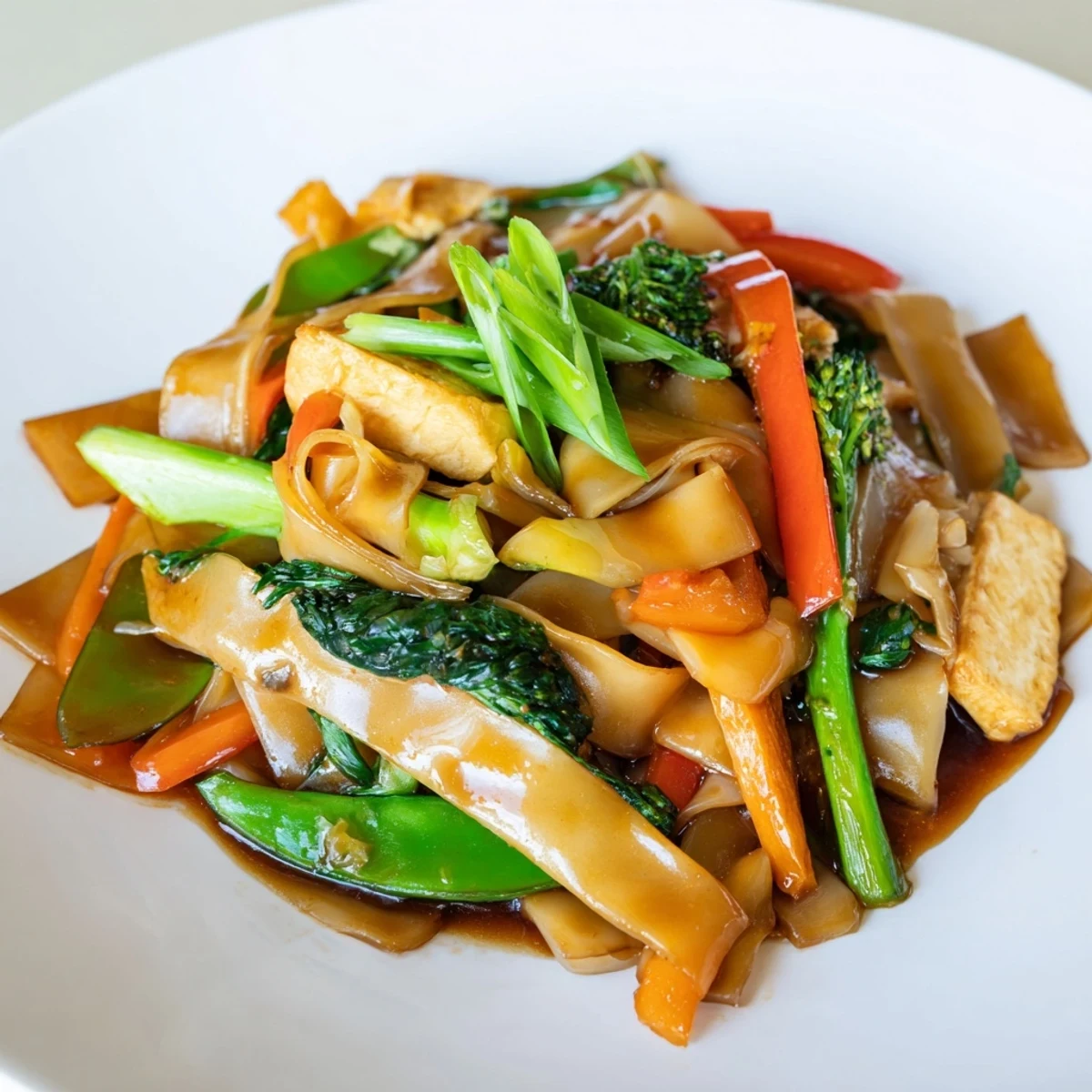 Glossy wide rice noodles wok-tossed with colorful vegetables and protein in this Vegan Pad See Ew