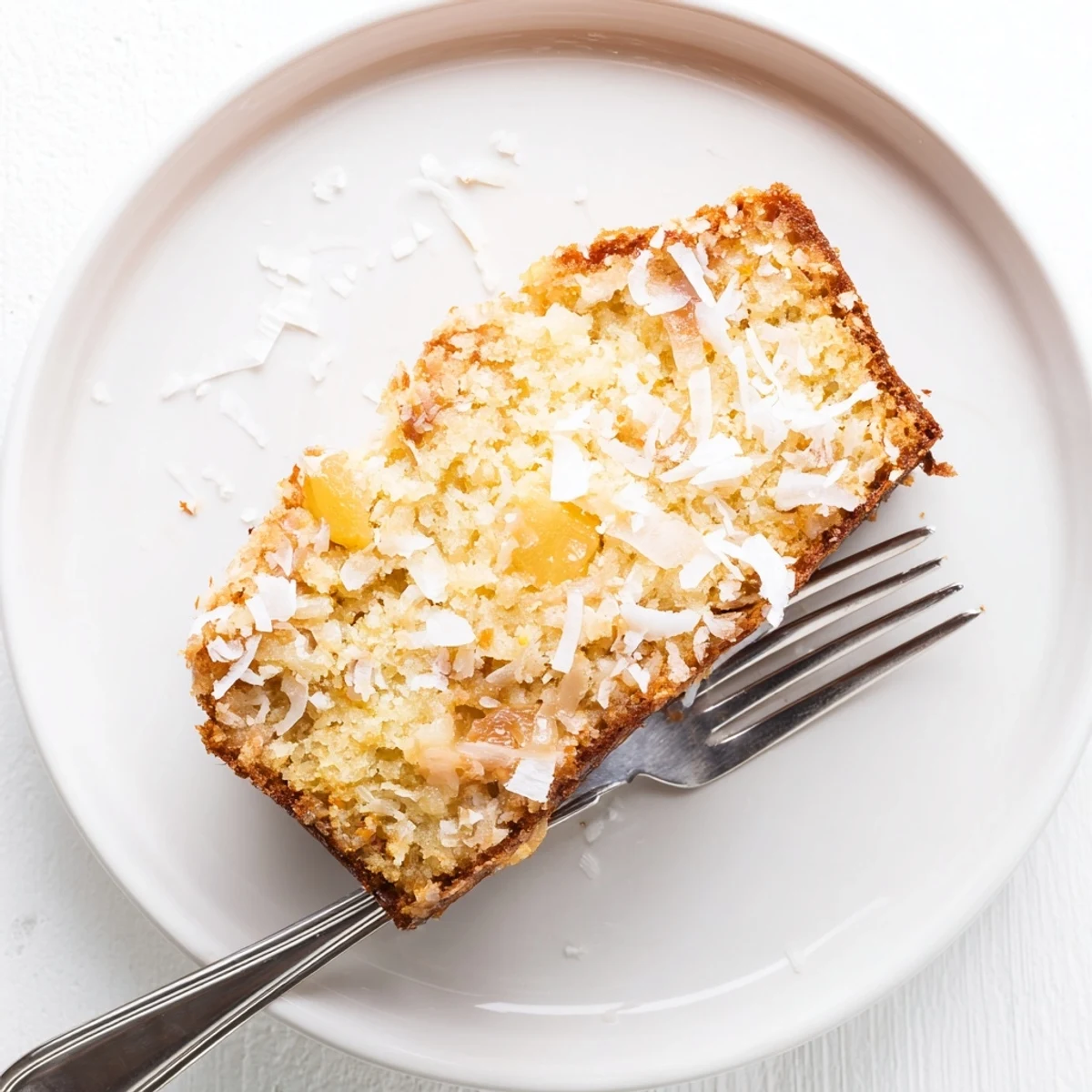Golden slice of cozy pineapple coconut bread with visible fruit and shredded coconut topping
