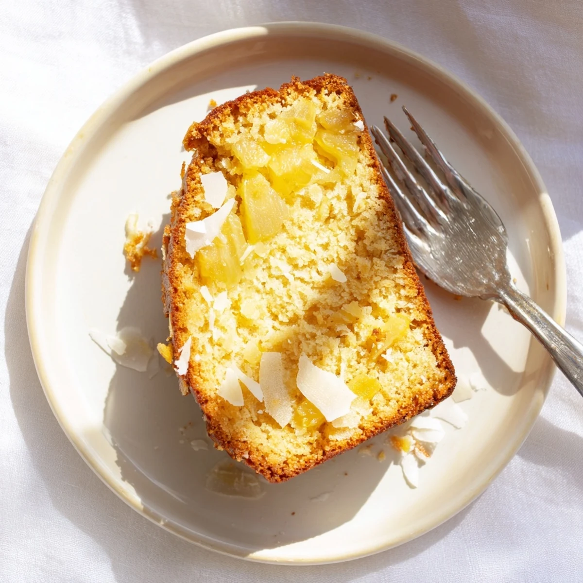 Moist tropical pineapple coconut bread loaf cooling on wire rack with textured crust