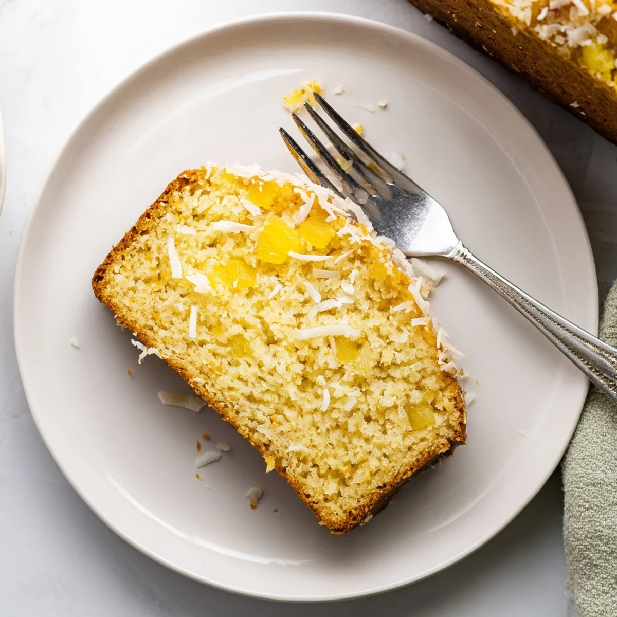 Thick slice of warm pineapple coconut bread served on white plate with melting butter