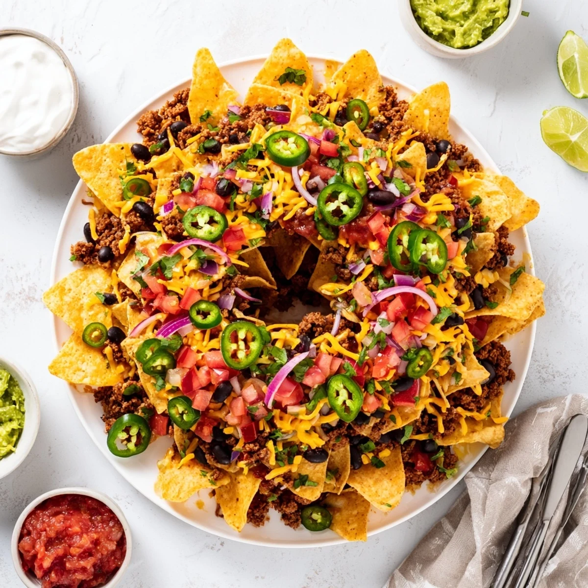 Golden bundt pan nachos layered with melted cheddar cheese and colorful Tex-Mex toppings