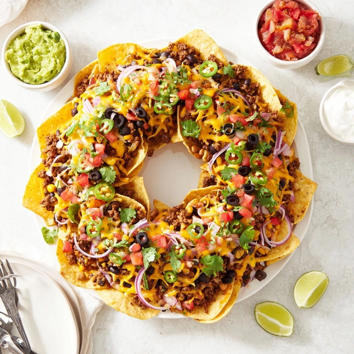 Circular tower of cheesy tortilla chips baked to crispy perfection in a bundt pan