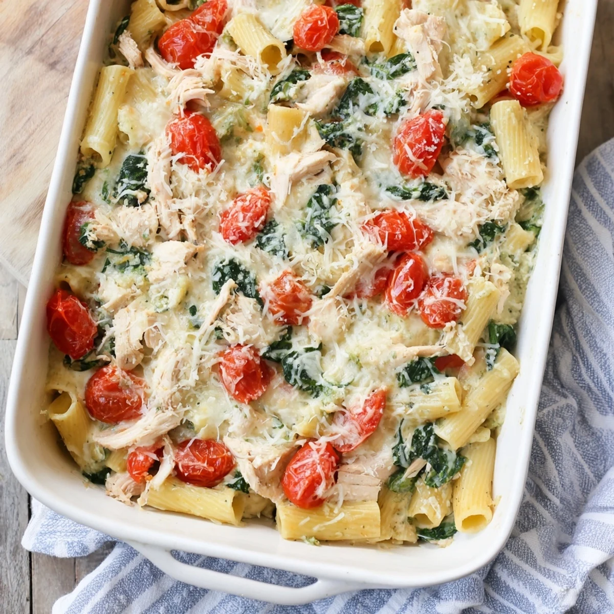 Golden bubbly creamy pesto chicken pasta bake fresh from oven with melted mozzarella topping