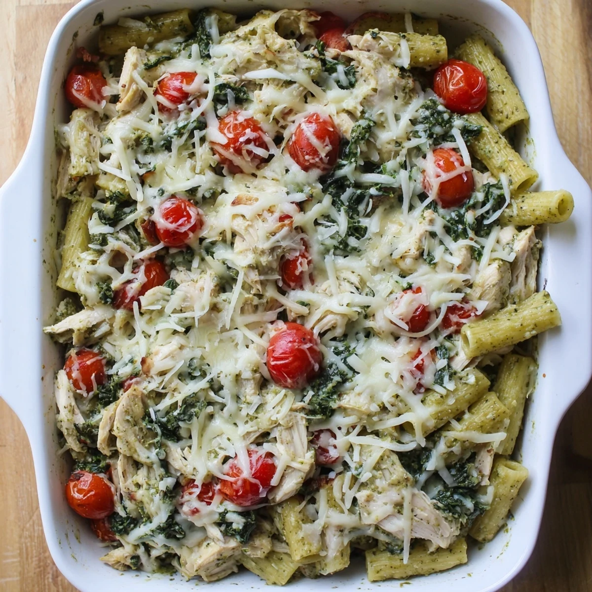 Oven-baked casserole dish featuring tender chicken pasta in rich basil pesto cream sauce
