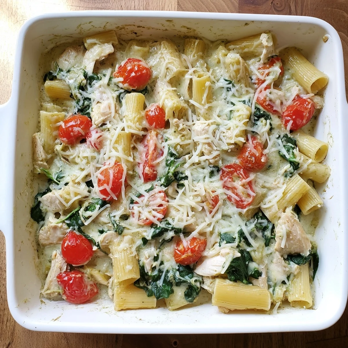 Serving of cheesy creamy pesto chicken pasta bake garnished with fresh basil leaves