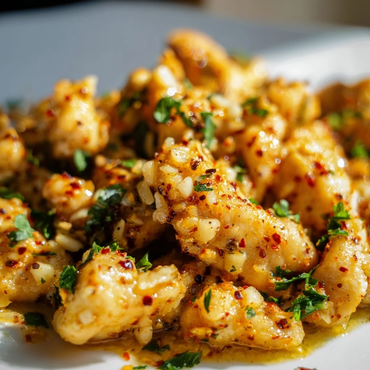 Rich and creamy garlic butter chicken breasts plated with fresh parsley garnish