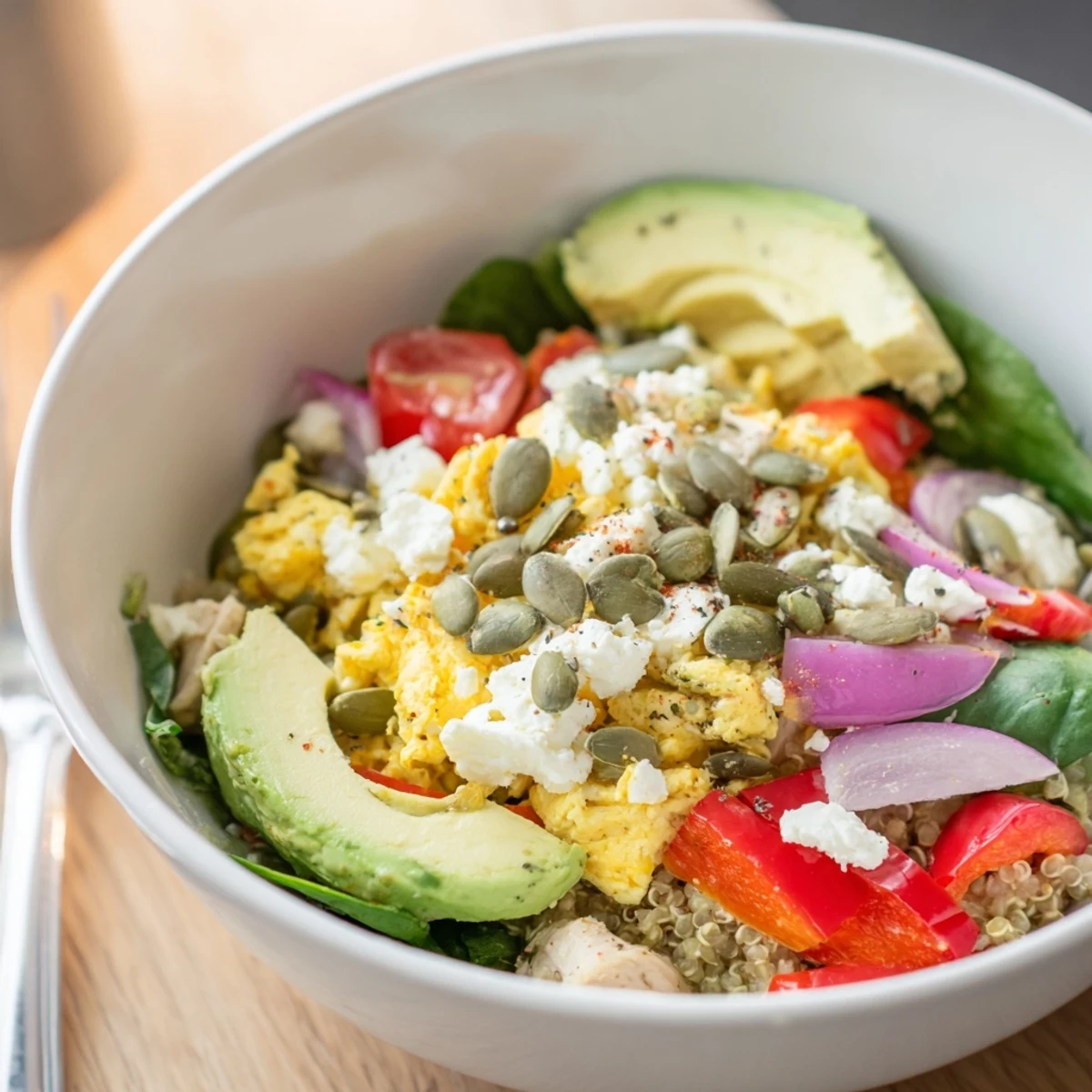 Colorful Easy High Protein Breakfast Bowl with scrambled eggs, fresh vegetables, sliced avocado, and pumpkin seeds on a bed of quinoa