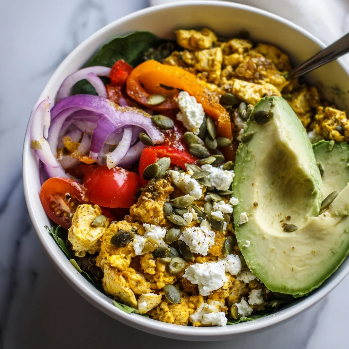 Hearty Easy High Protein Breakfast Bowl featuring fluffy cottage cheese eggs, spinach, tomatoes, and diced chicken in a serving bowl
