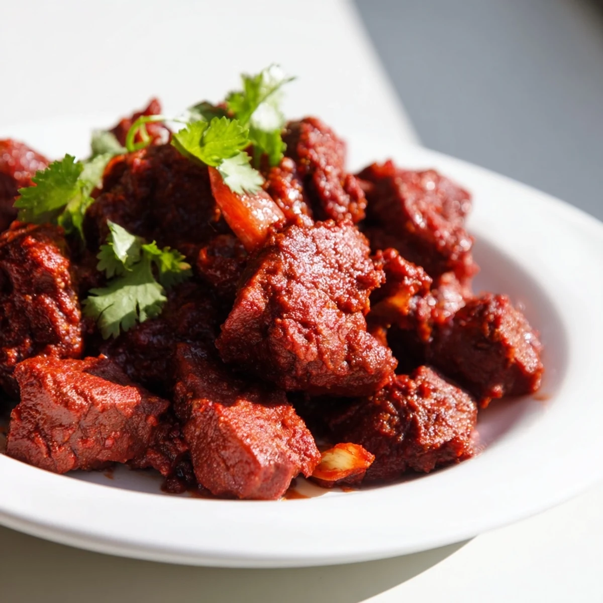 Hearty Slow Cooker Chili Colorado served in a bowl with fresh cilantro garnish