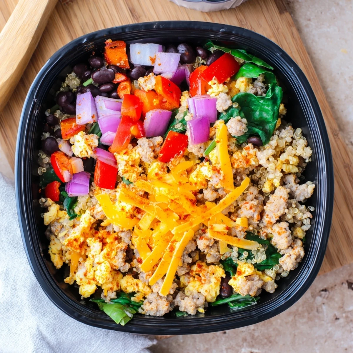 Colorful high protein freezer friendly breakfast bowls with eggs, sausage, vegetables, and cheese in meal prep containers
