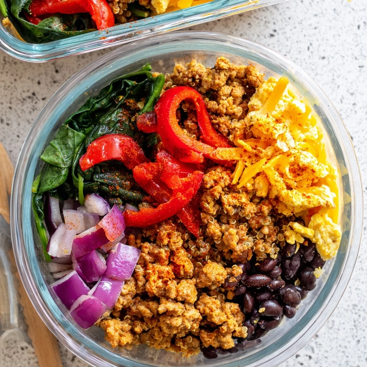 Meal prep high protein freezer friendly breakfast bowls stacked with turkey sausage, black beans, spinach, and fresh toppings