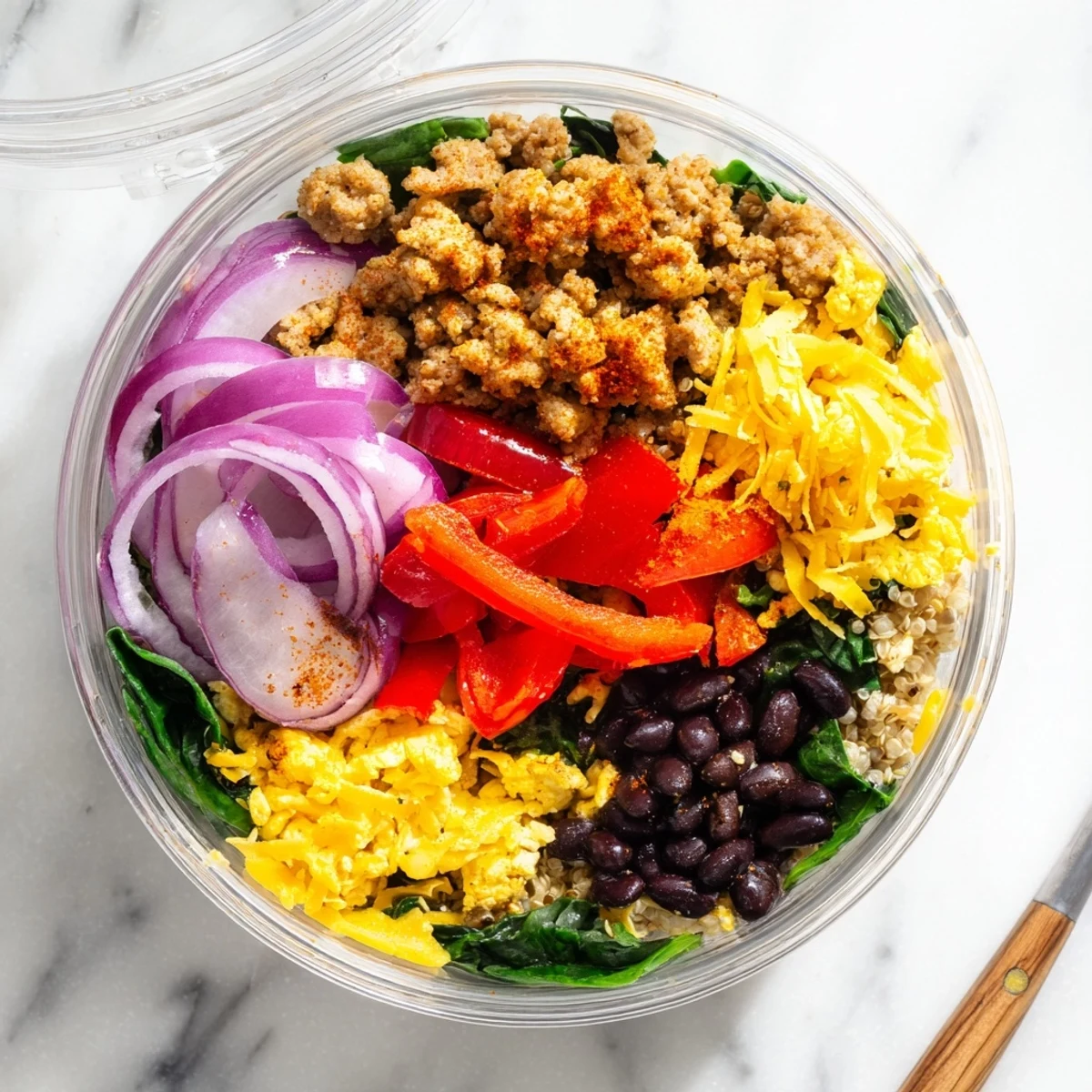 Hearty high protein freezer friendly breakfast bowl featuring scrambled eggs, quinoa, peppers, and melted cheddar cheese